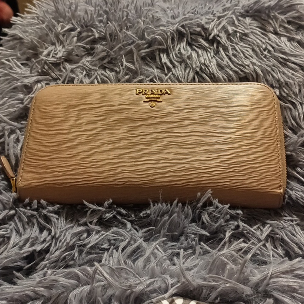 Prada authentic cream tan saffiano leather zip long wallet
